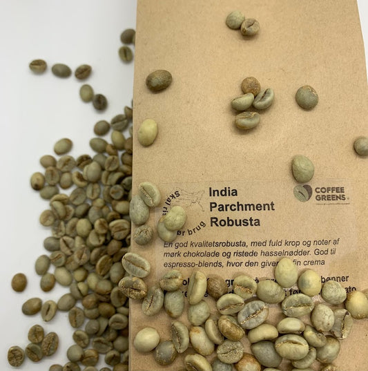 Intialainen pergamentti Robusta - raakoja, vihreitä kahvipapuja