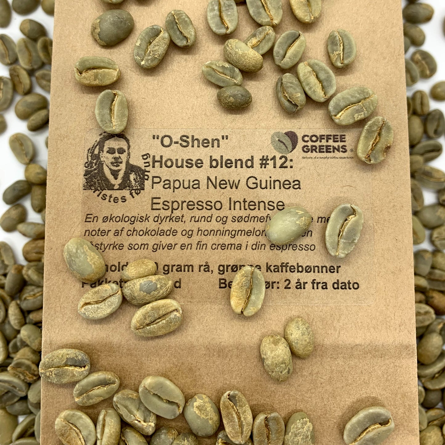 "O-Shen"- House blend # 12:Papua New Guinea Espresso Intense - Raw, green coffee beans.
